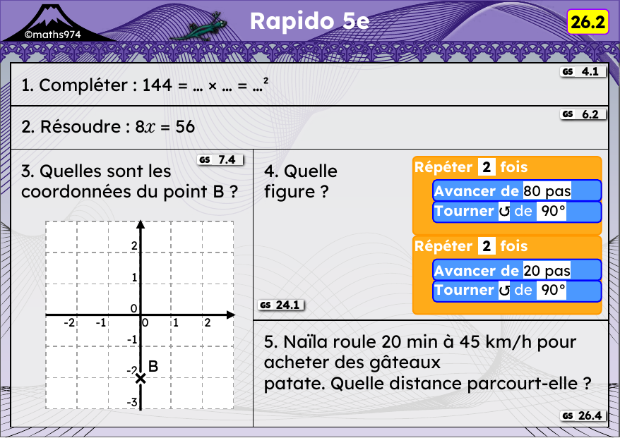 Rapido 26.2 – exercices de maths 5ème, semaine 26 : Puissances, équations, coordonnées, scripts