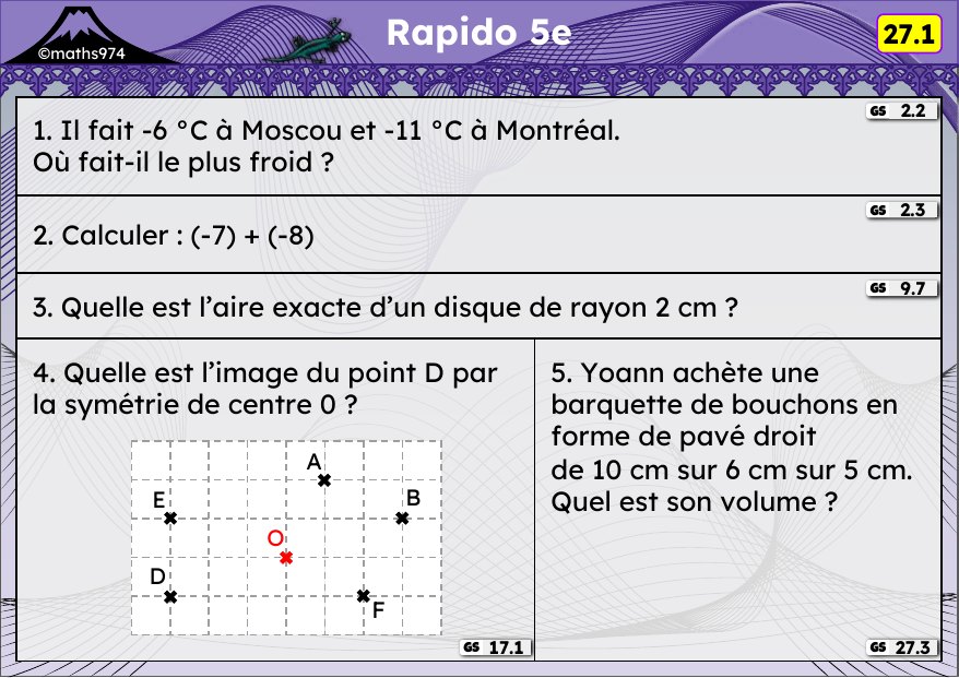 Rapido 27.1 – exercices de maths 5ème, semaine 27 : Relatifs en contexte, aire du disque, symétrie centrale