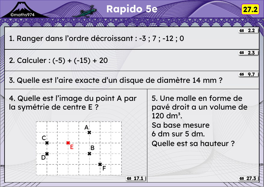 Rapido 27.2 – exercices de maths 5ème, semaine 27 : Relatifs en contexte, aire du disque, symétrie centrale
