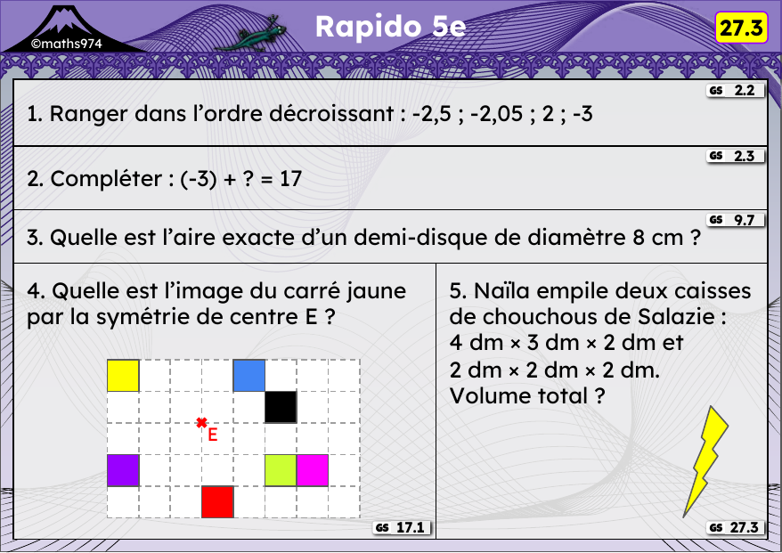 Rapido 27.3 – exercices de maths 5ème, semaine 27 : Relatifs en contexte, aire du disque, symétrie centrale