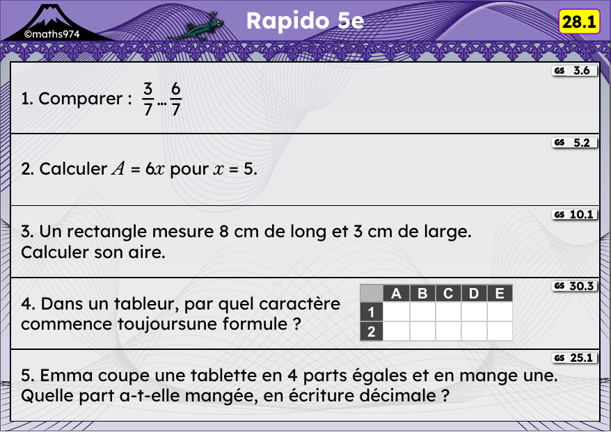 Rapido 28.1 – exercices de maths 5ème, semaine 28 : Comparer des fractions, calcul littéral, aires, tableur