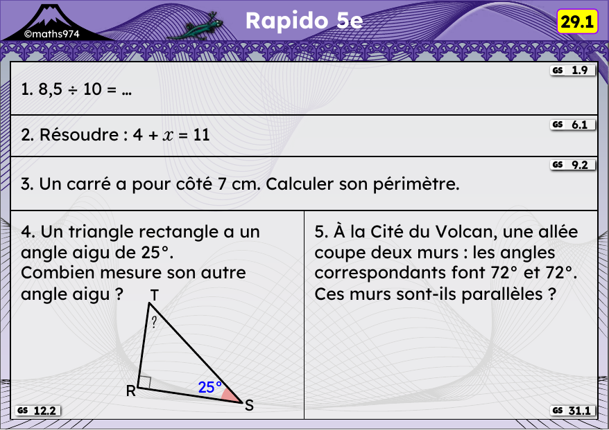 Rapido 29.1 – exercices de maths 5ème, semaine 29 : Diviser par 10, 100 ; équations ; périmètres ; angles d'un triangle