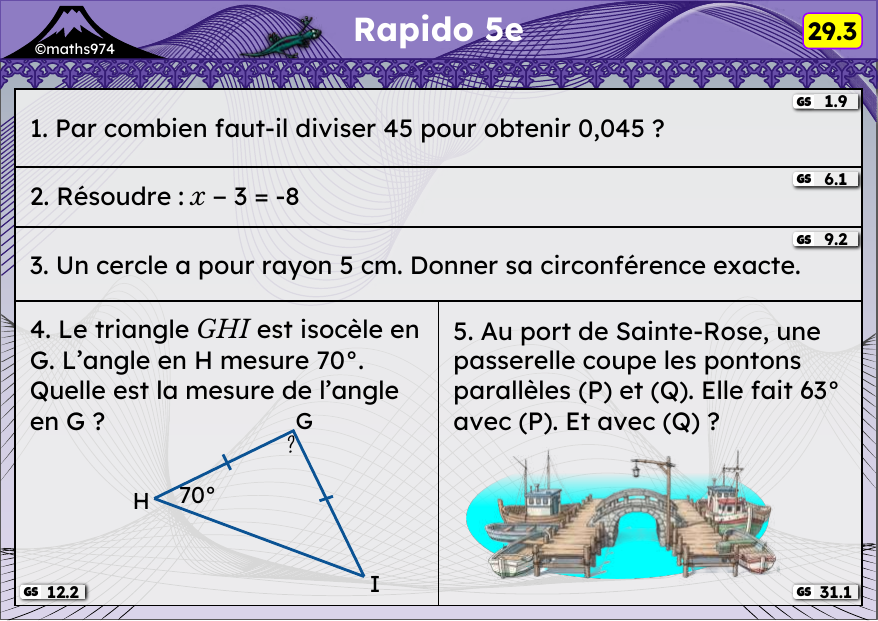 Rapido 29.3 – exercices de maths 5ème, semaine 29 : Diviser par 10, 100 ; équations ; périmètres ; angles d'un triangle
