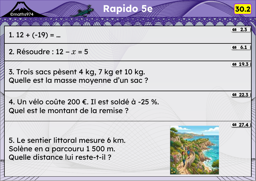 Rapido 30.2 – exercices de maths 5ème, semaine 30 : Relatifs, équations, moyenne, pourcentages et remises