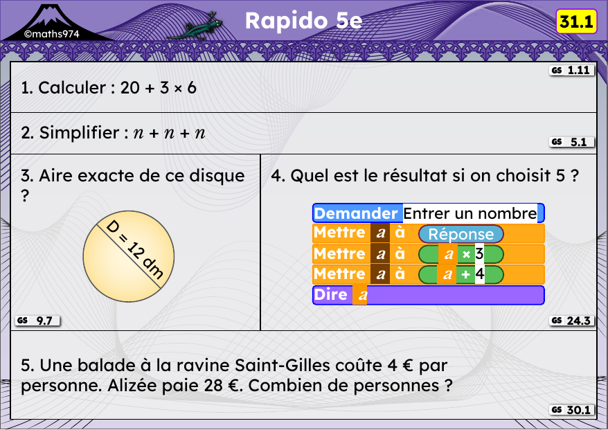 Rapido 31.1 – exercices de maths 5ème, semaine 31 : Priorités, expressions avec n, aire du disque, programmes de calcul
