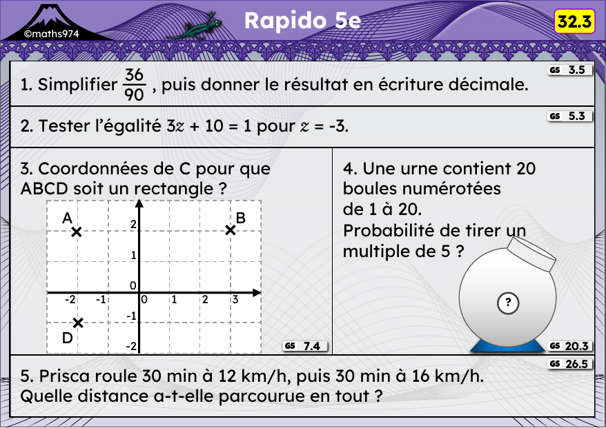 Rapido 32.3 – exercices de maths 5ème, semaine 32 : Simplifier des fractions, tester une égalité, coordonnées, probabilités