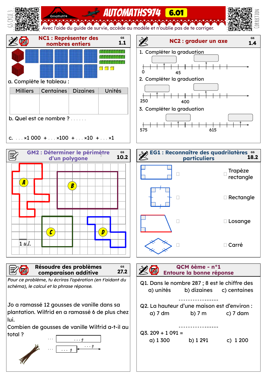 Fiche 6.01 – exercices de maths 6ème corrigés, semaine 1 : Nombres entiers, graduations, périmètres, quadrilatères