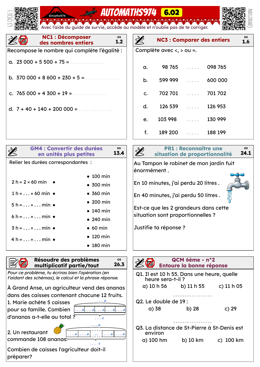 Fiche 6.02 – exercices de maths 6ème corrigés, semaine 2 : Décomposer et comparer des entiers, durées, proportionnalité