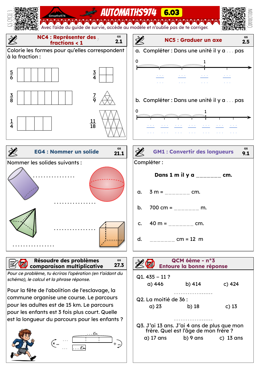 Fiche 6.03 – exercices de maths 6ème corrigés, semaine 3 : Fractions < 1, graduations, solides, longueurs