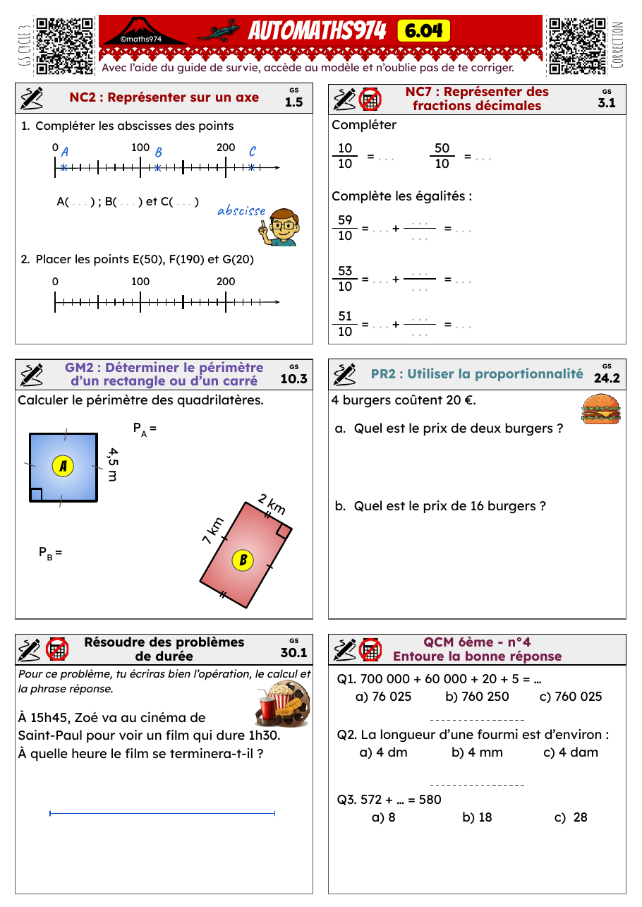 Fiche 6.04 – exercices de maths 6ème corrigés, semaine 4 : Abscisses, fractions décimales, périmètres, proportionnalité