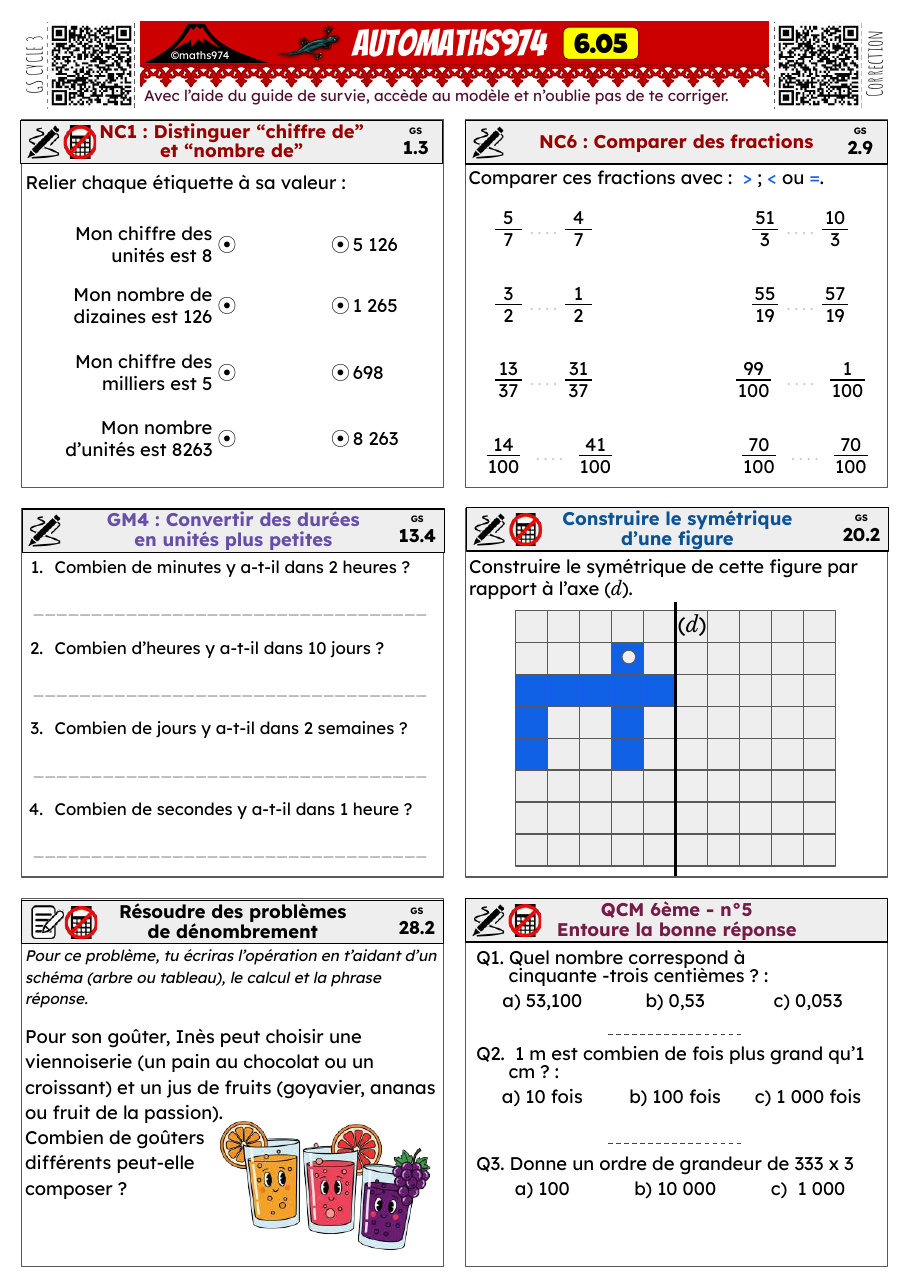 Fiche 6.05 – exercices de maths 6ème corrigés, semaine 5 : Chiffre / nombre de, comparer des fractions, durées, symétrie