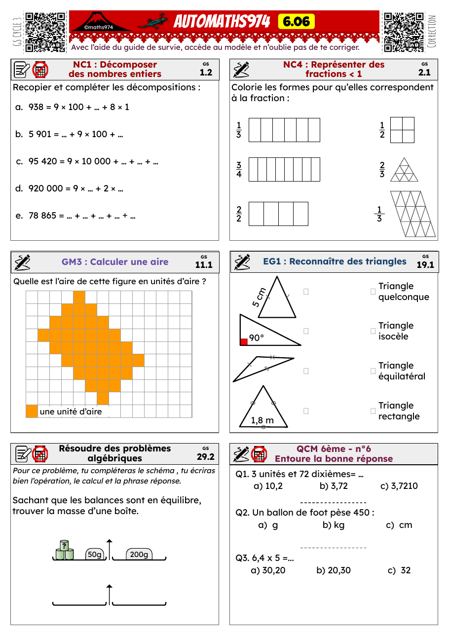 Fiche 6.06 – exercices de maths 6ème corrigés, semaine 6 : Décompositions, fractions < 1, aires, triangles, balances
