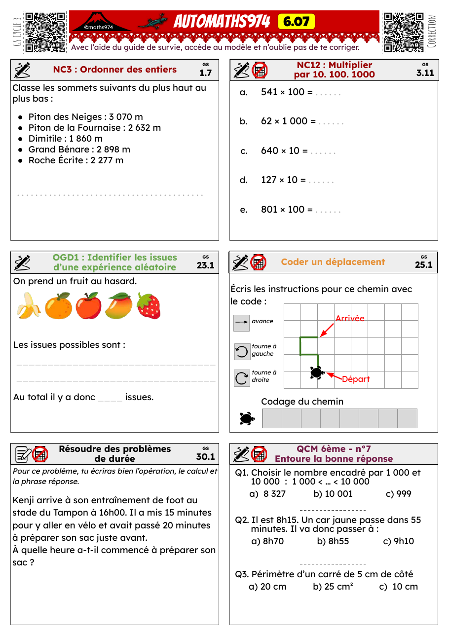 Fiche 6.07 – exercices de maths 6ème corrigés, semaine 7 : Ordonner des entiers, ×10/100/1000, issues, codage, durées