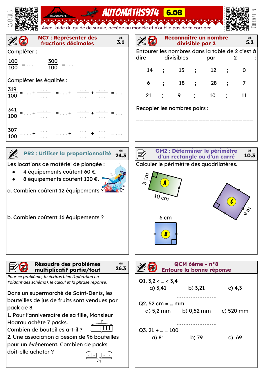 Fiche 6.08 – exercices de maths 6ème corrigés, semaine 8 : Fractions décimales (centièmes), divisibilité par 2