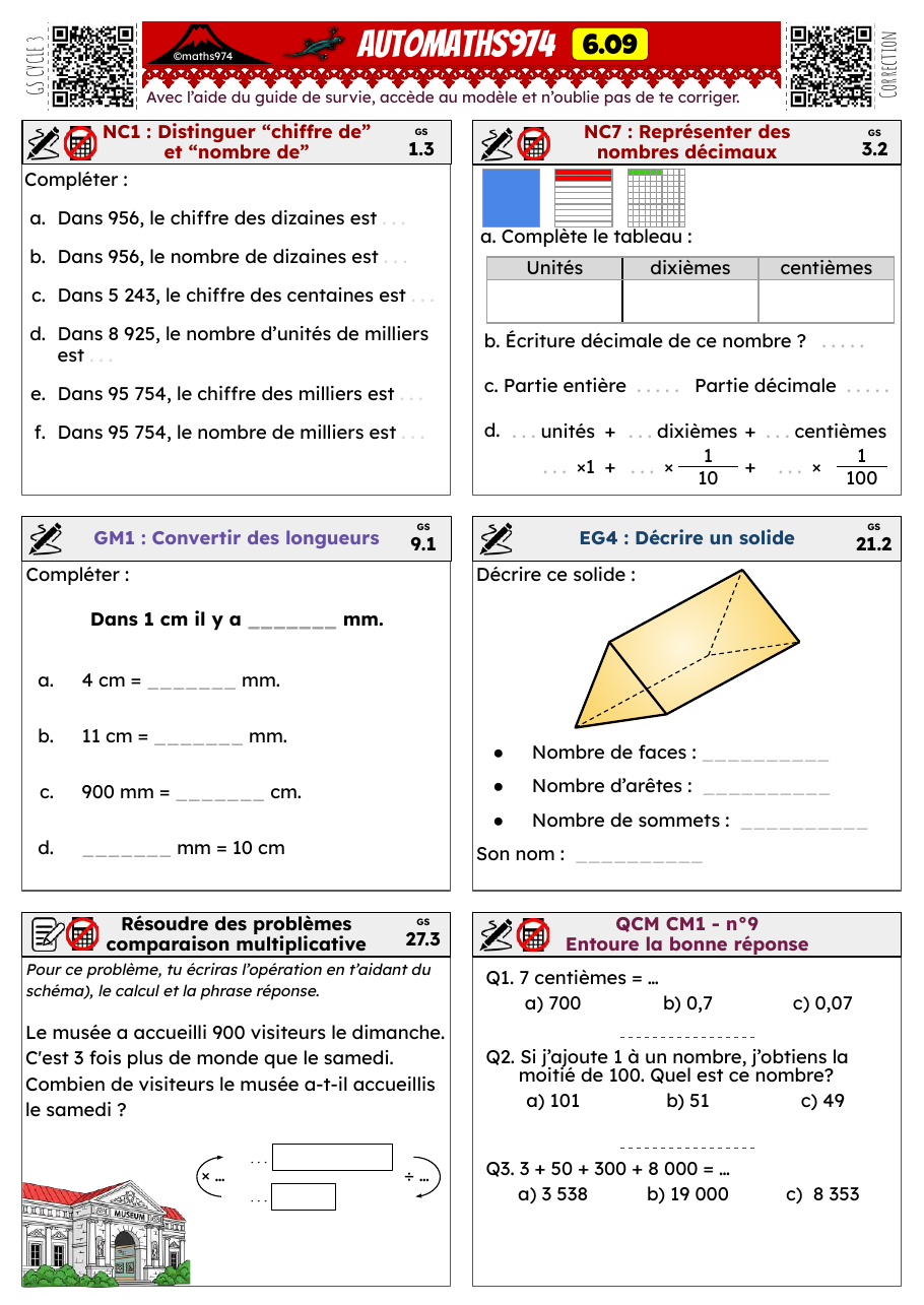 Fiche 6.09 – exercices de maths 6ème corrigés, semaine 9 : Chiffre / nombre de, nombres décimaux, mm/cm, solides