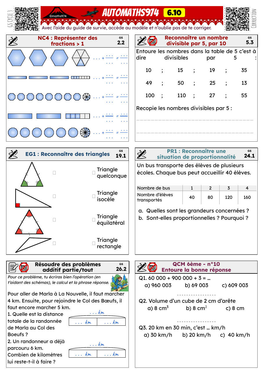 Fiche 6.10 – exercices de maths 6ème corrigés, semaine 10 : Fractions > 1, divisibilité par 5 et 10, triangles