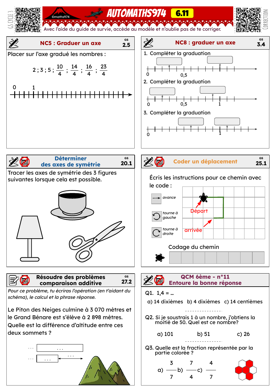 Fiche 6.11 – exercices de maths 6ème corrigés, semaine 11 : Fractions sur un axe, décimaux sur un axe, axes de symétrie