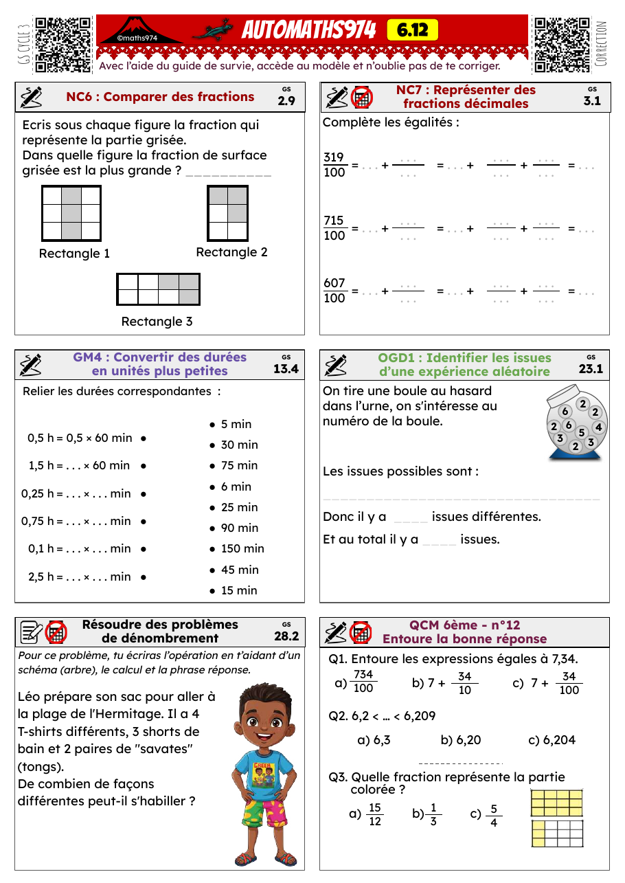 Fiche 6.12 – exercices de maths 6ème corrigés, semaine 12 : Comparer des fractions, fractions décimales, durées décimales