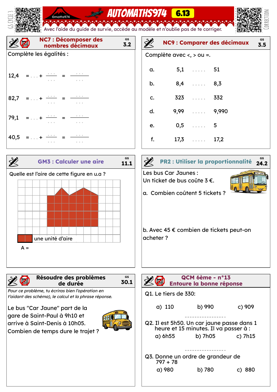 Fiche 6.13 – exercices de maths 6ème corrigés, semaine 13 : Décomposer et comparer des décimaux, aires, proportionnalité