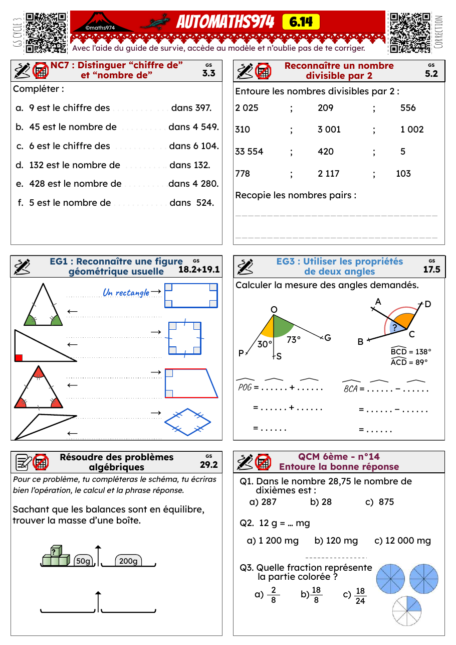 Fiche 6.14 – exercices de maths 6ème corrigés, semaine 14 : Chiffre / nombre de, divisibilité par 2, figures usuelles, angles