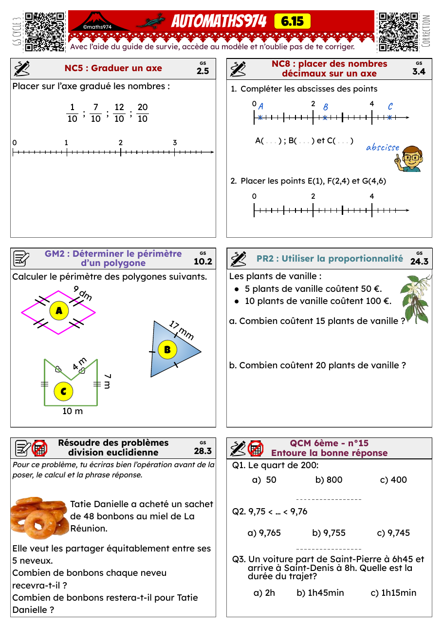 Fiche 6.15 – exercices de maths 6ème corrigés, semaine 15 : Fractions sur un axe, décimaux sur un axe, périmètres