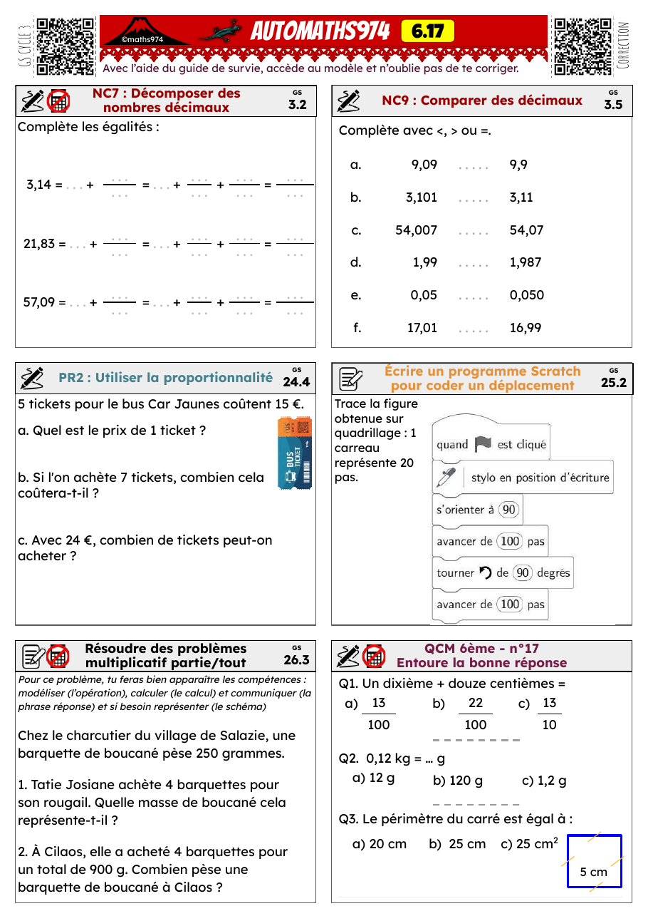 Fiche 6.17 – exercices de maths 6ème corrigés, semaine 17 : Décimaux, comparaison, proportionnalité (retour à l'unité)