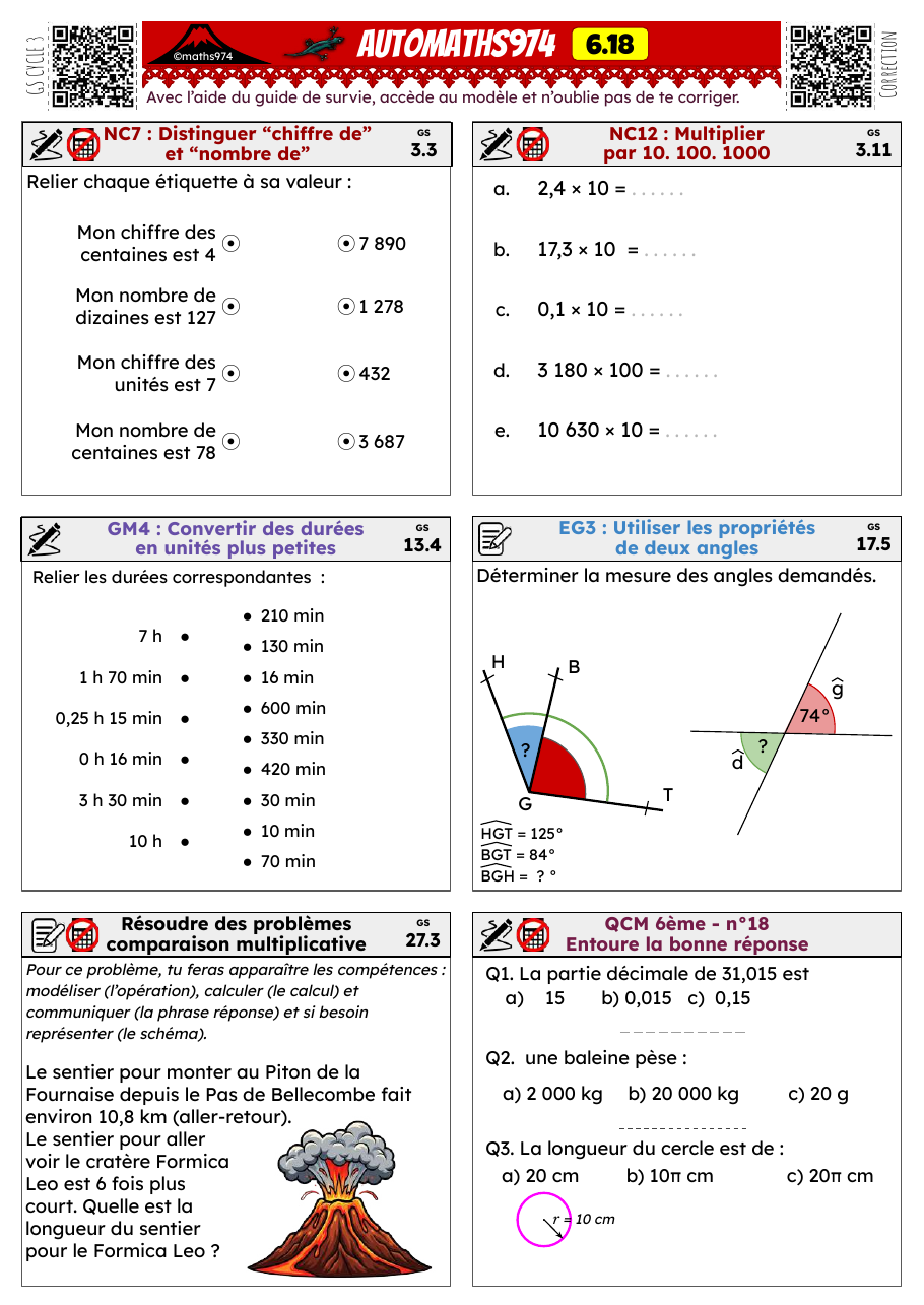 Fiche 6.18 – exercices de maths 6ème corrigés, semaine 18 : Chiffre / nombre de, ×10/100 avec décimaux, durées, angles