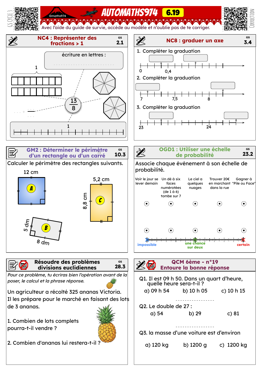 Fiche 6.19 – exercices de maths 6ème corrigés, semaine 19 : Fractions > 1, décimaux sur un axe, périmètres