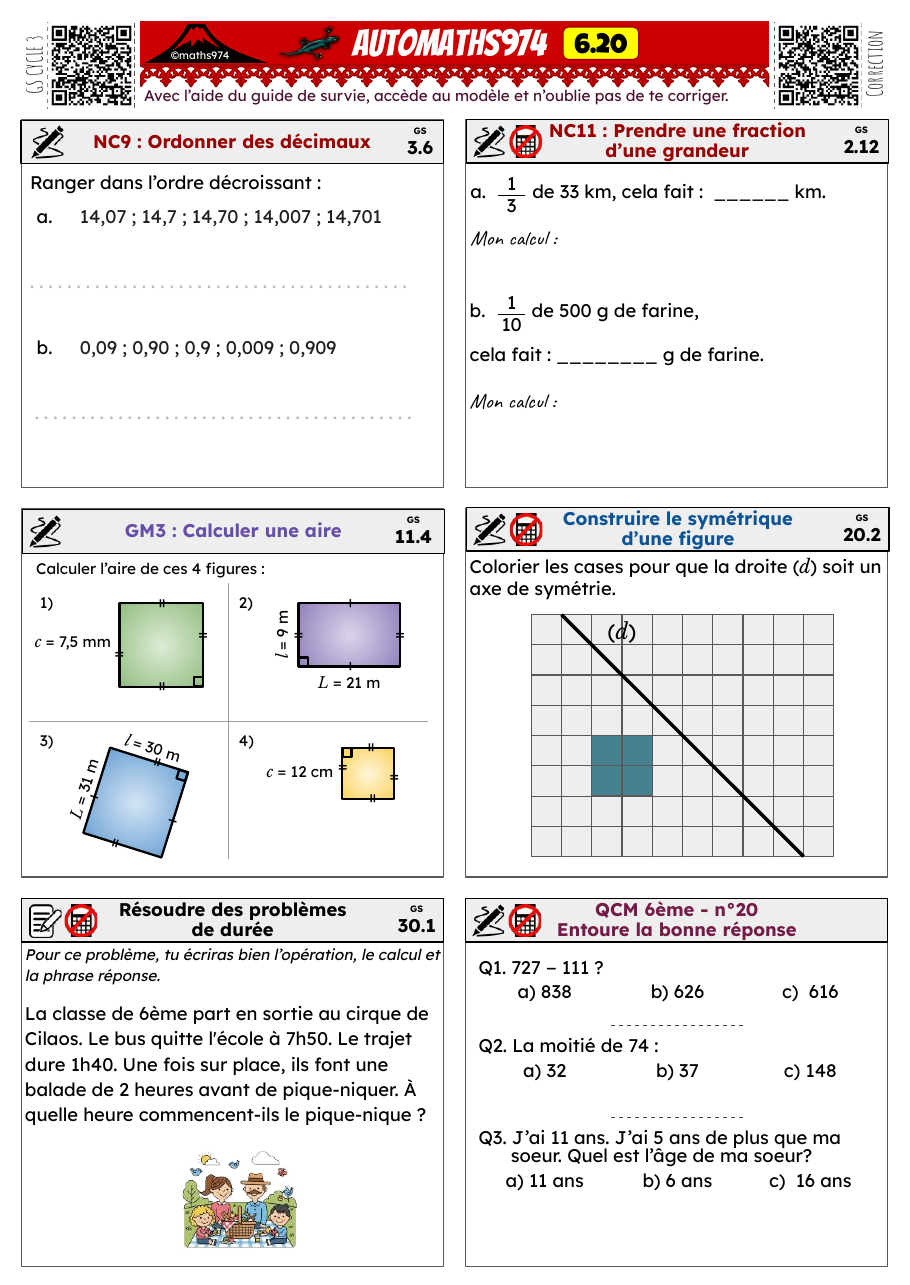 Fiche 6.20 – exercices de maths 6ème corrigés, semaine 20 : Ordonner des décimaux, fraction d'une grandeur, aires, symétrie