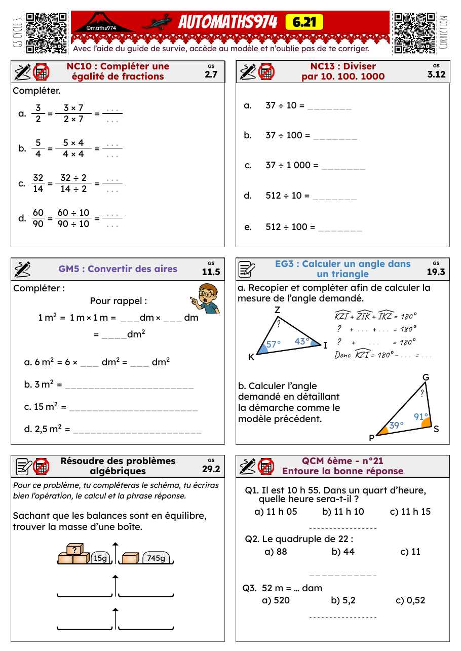 Fiche 6.21 – exercices de maths 6ème corrigés, semaine 21 : Égalités de fractions, ÷10/100/1000, aires (m²/dm²)