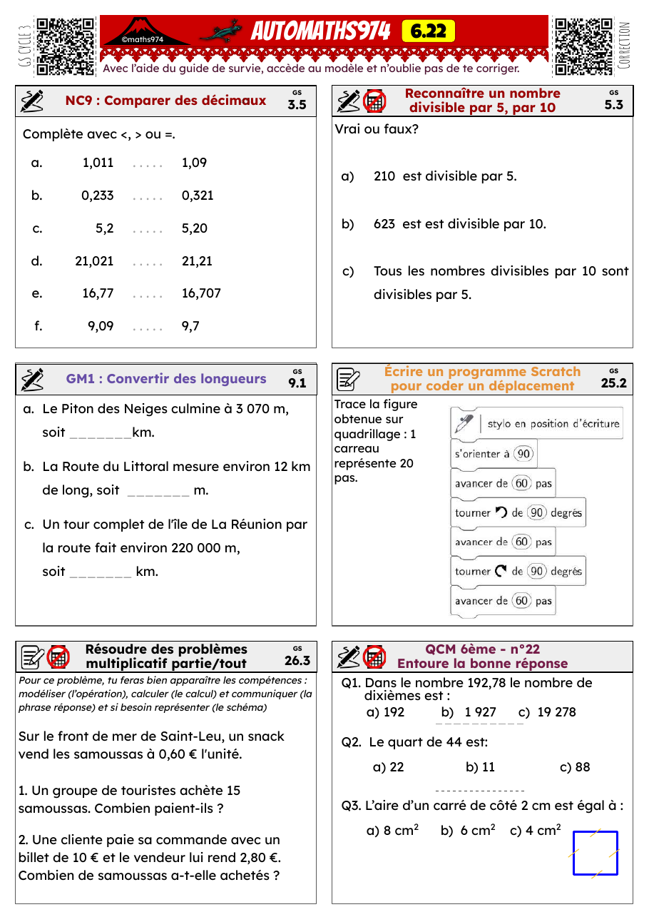 Fiche 6.22 – exercices de maths 6ème corrigés, semaine 22 : Comparer des décimaux, divisibilité par 5 et 10, longueurs
