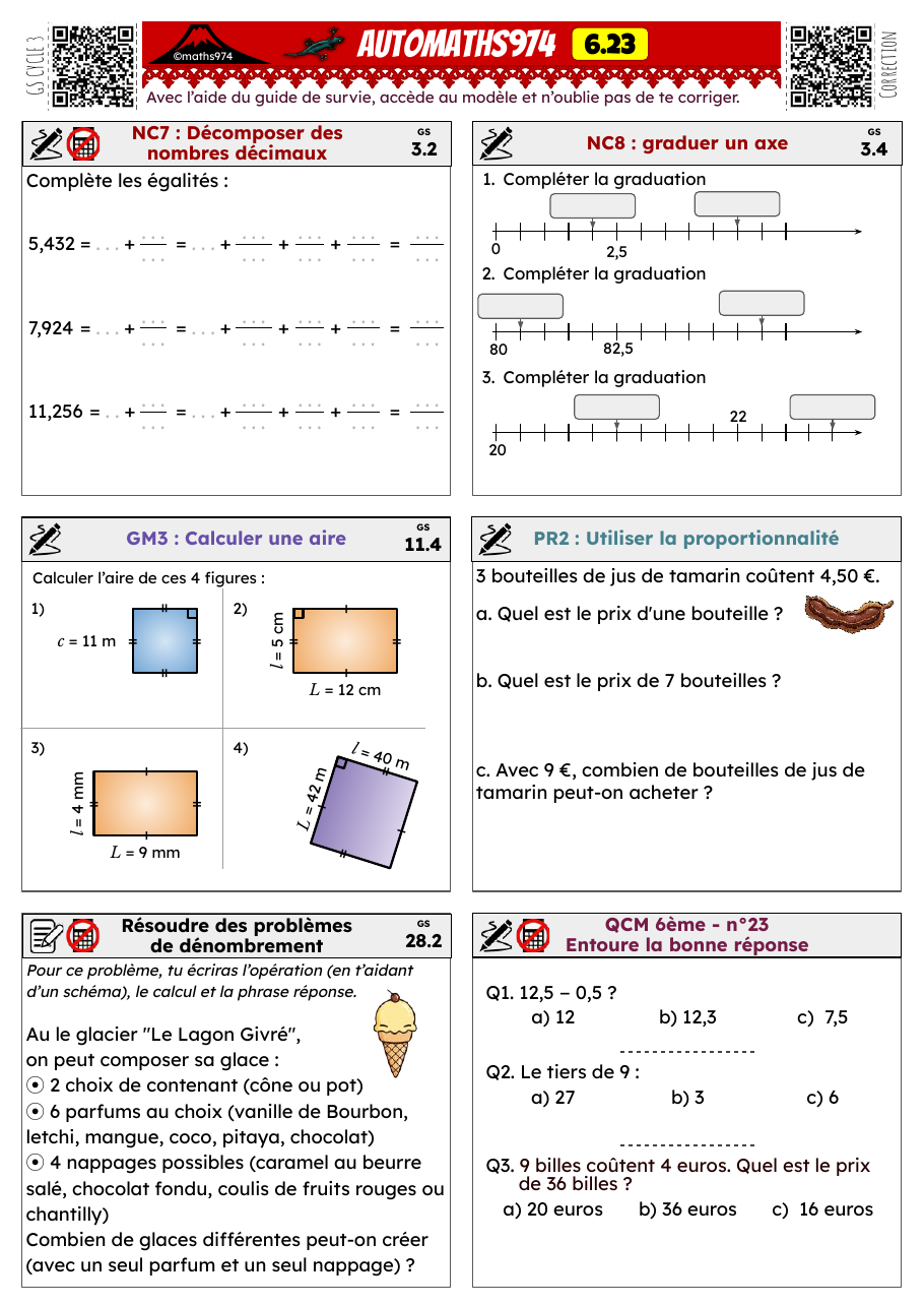 Fiche 6.23 – exercices de maths 6ème corrigés, semaine 23 : Décimaux (millièmes), graduations, aires, proportionnalité