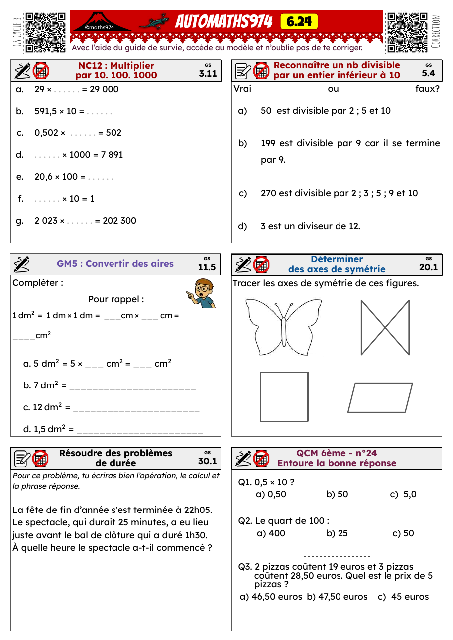 Fiche 6.24 – exercices de maths 6ème corrigés, semaine 24 : ×10/100/1000, divisibilité, aires (dm²/cm²), axes de symétrie