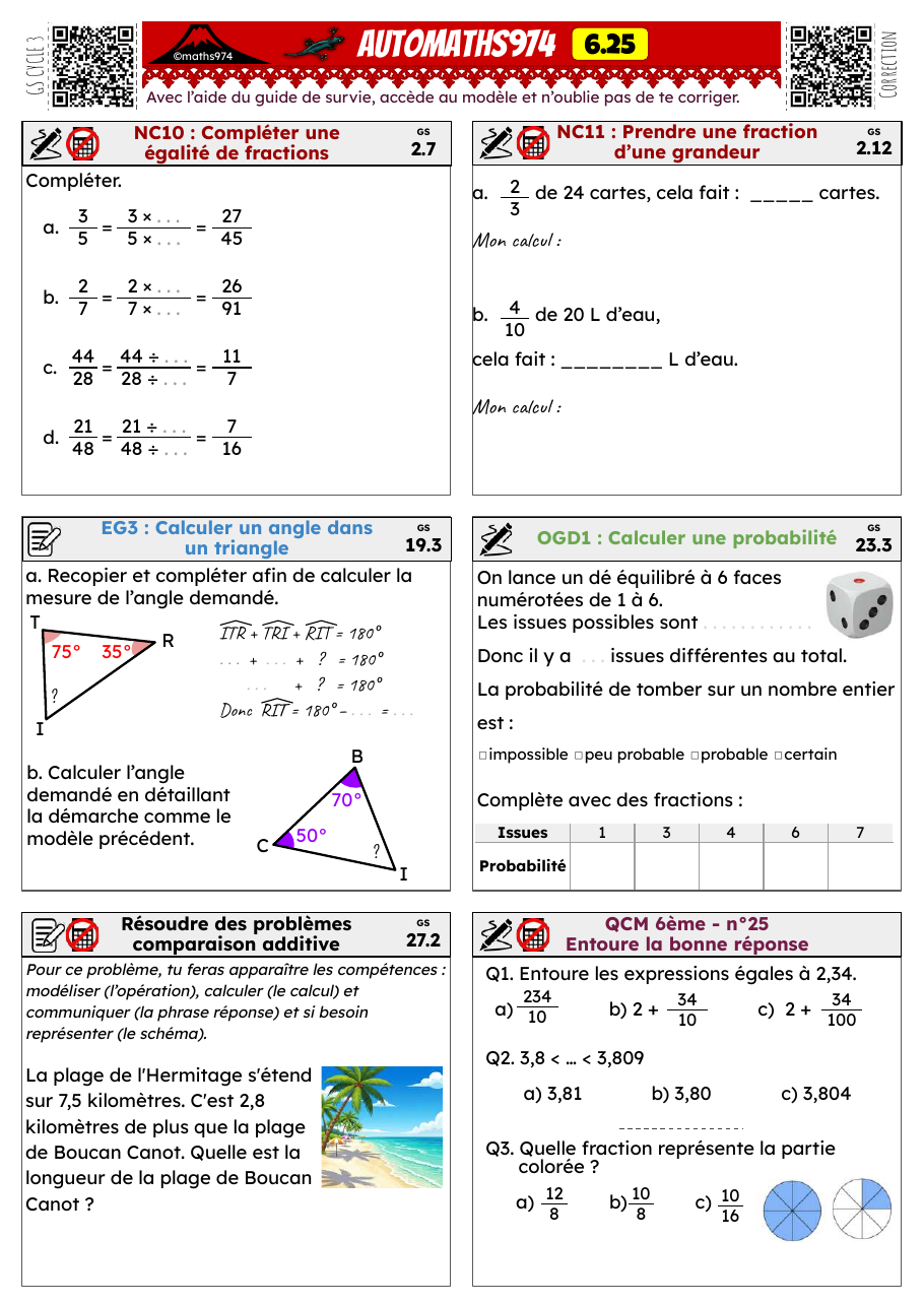 Fiche 6.25 – exercices de maths 6ème corrigés, semaine 25 : Égalités de fractions, fraction d'une grandeur
