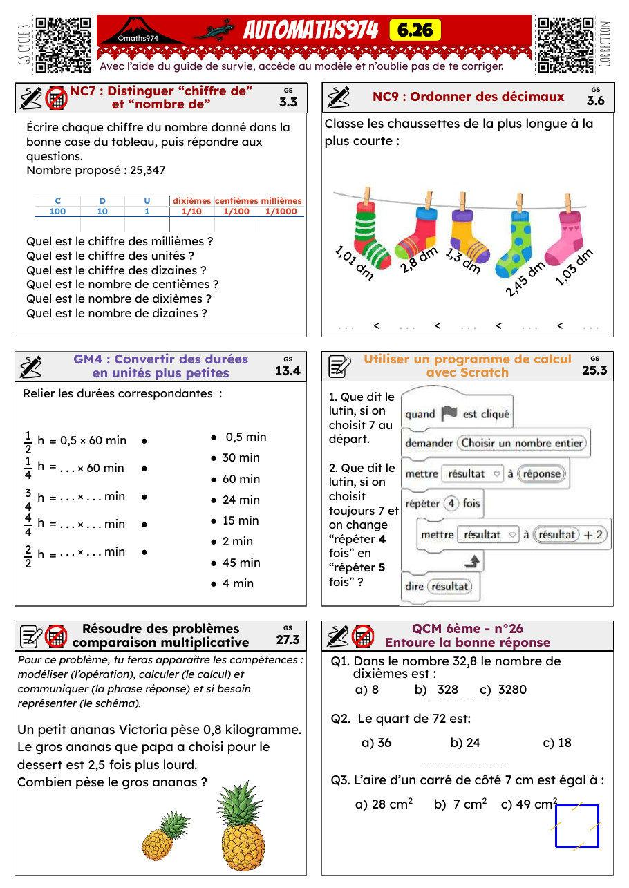 Fiche 6.26 – exercices de maths 6ème corrigés, semaine 26 : Chiffre / nombre de (décimaux), ordonner des décimaux