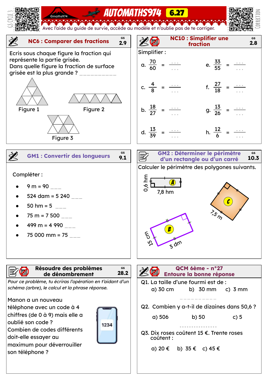 Fiche 6.27 – exercices de maths 6ème corrigés, semaine 27 : Comparer et simplifier des fractions, longueurs, périmètres