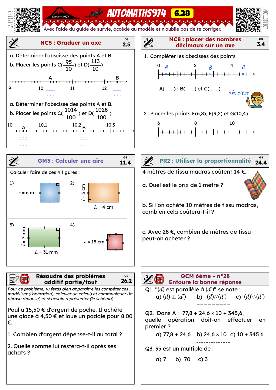 Fiche 6.28 – exercices de maths 6ème corrigés, semaine 28 : Fractions et décimaux sur un axe, aires