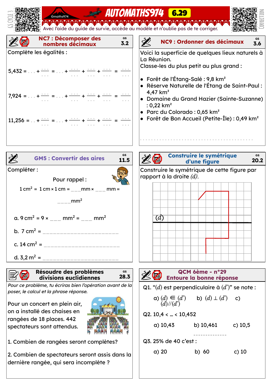 Fiche 6.29 – exercices de maths 6ème corrigés, semaine 29 : Décimaux (millièmes), ordonner des décimaux, aires (cm²/mm²)