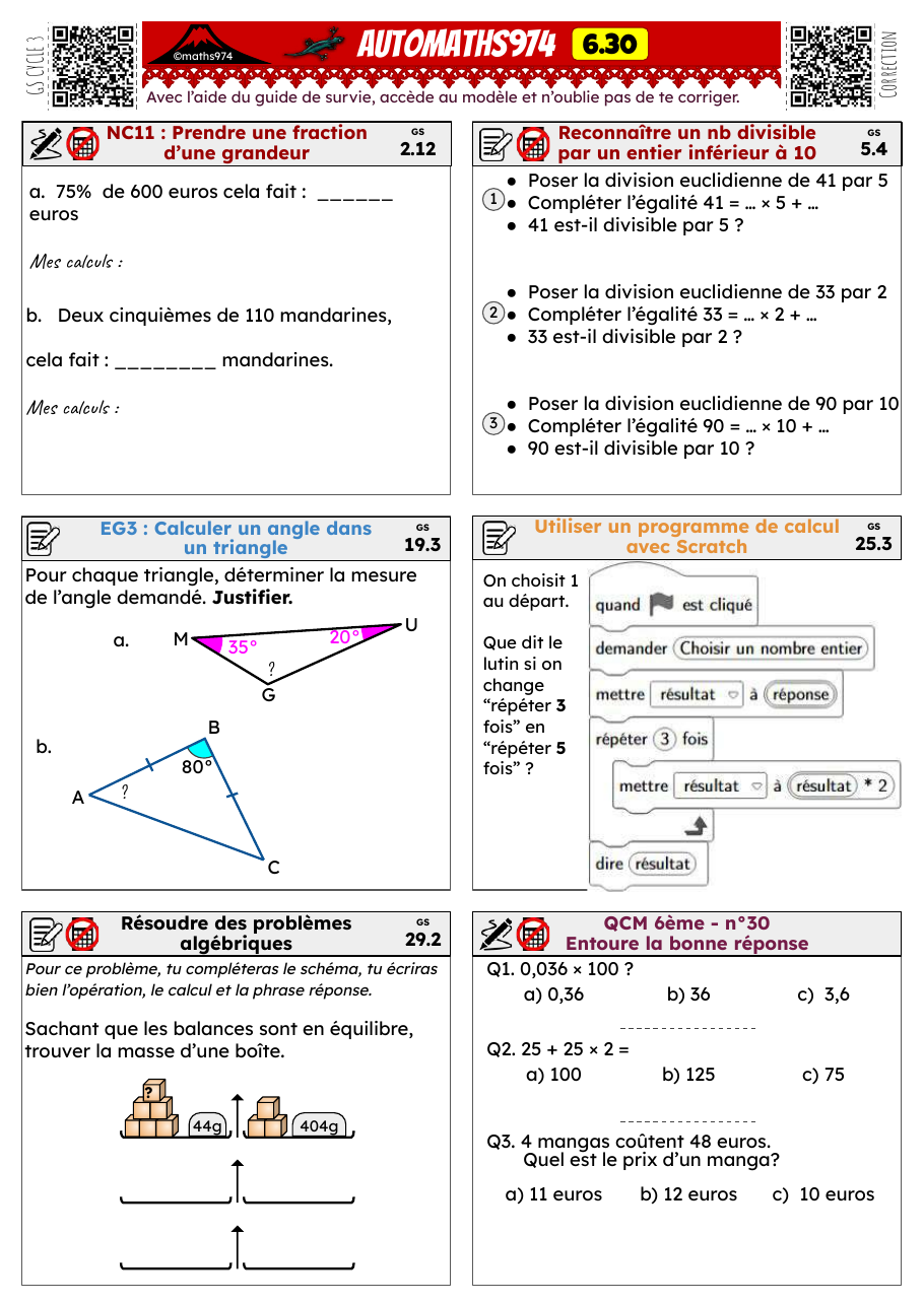 Fiche 6.30 – exercices de maths 6ème corrigés, semaine 30 : Pourcentage / fraction d'une grandeur