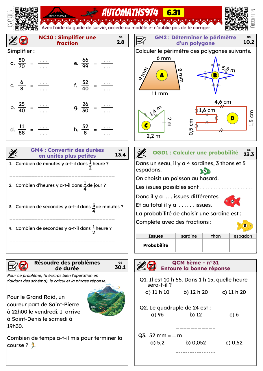 Fiche 6.31 – exercices de maths 6ème corrigés, semaine 31 : Simplifier des fractions, périmètres, fractions de durées