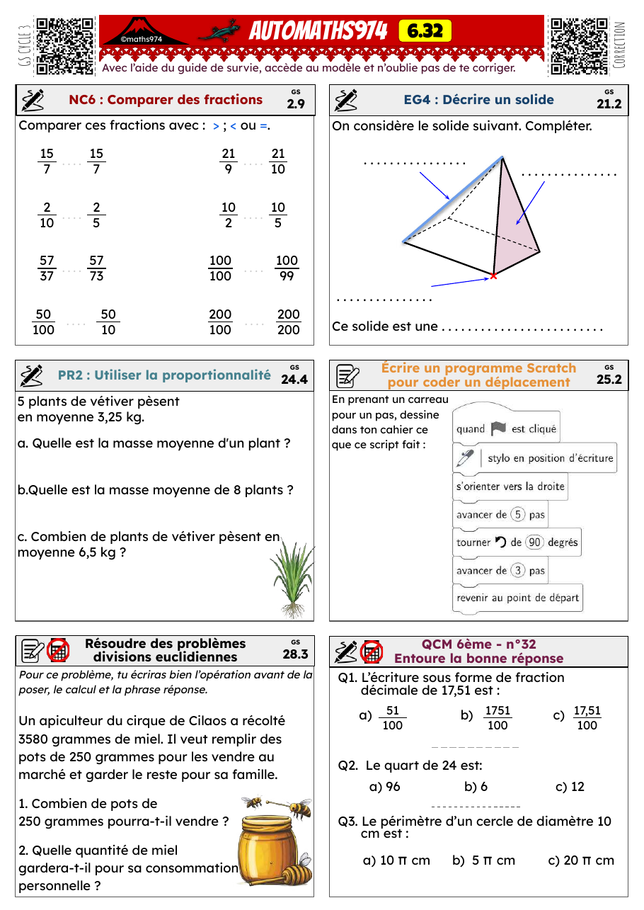 Fiche 6.32 – exercices de maths 6ème corrigés, semaine 32 : Comparer des fractions, décrire un solide, proportionnalité