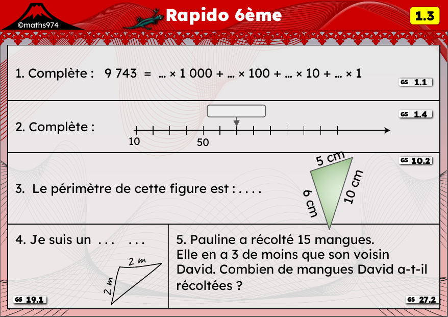 Rapido 1.3 – exercices de maths 6ème, semaine 1 : Nombres entiers, droite graduée et périmètre