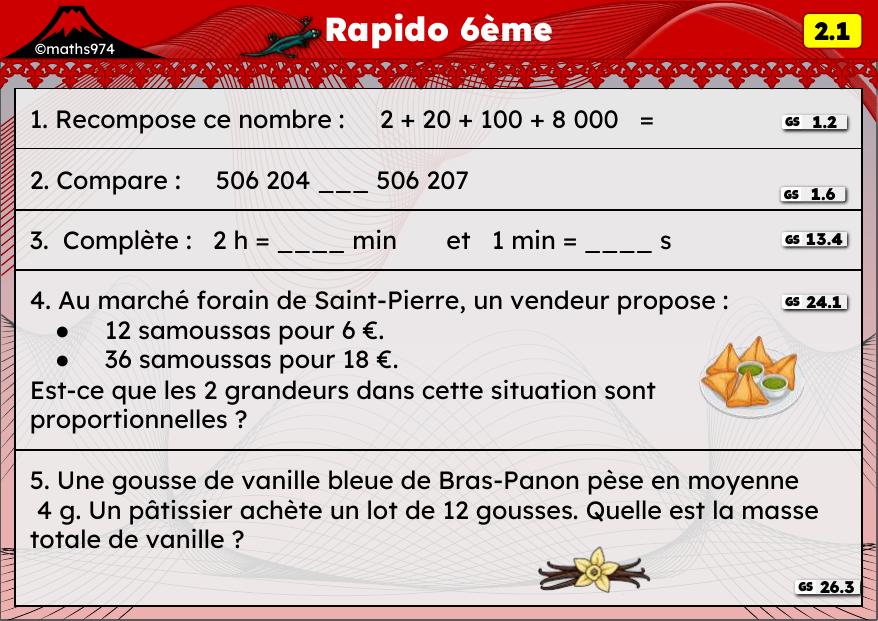 Rapido 2.1 – exercices de maths 6ème, semaine 2 : Recomposer et comparer des entiers, durées, proportionnalité