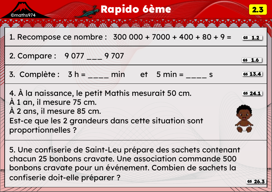 Rapido 2.3 – exercices de maths 6ème, semaine 2 : Recomposer et comparer des entiers, durées, proportionnalité