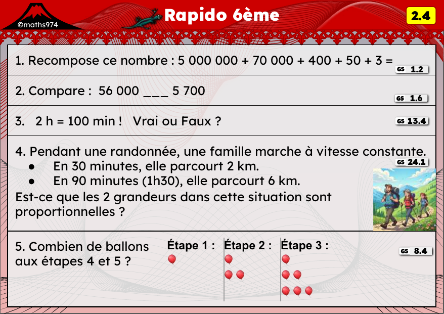 Rapido 2.4 – exercices de maths 6ème, semaine 2 : Recomposer et comparer des entiers, durées, proportionnalité