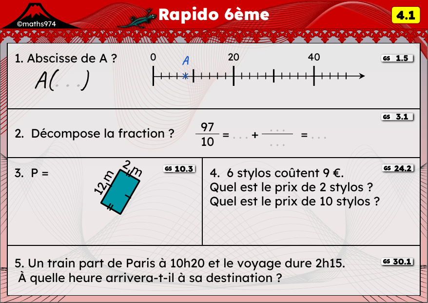 Rapido 4.1 – exercices de maths 6ème, semaine 4 : Abscisses, fractions et proportionnalité