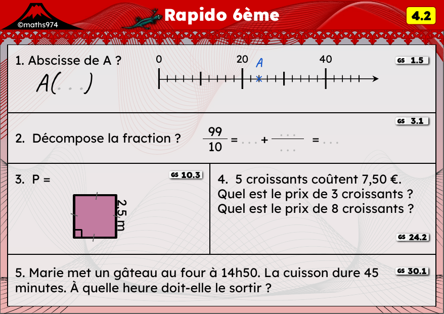 Rapido 4.2 – exercices de maths 6ème, semaine 4 : Abscisses, fractions et proportionnalité