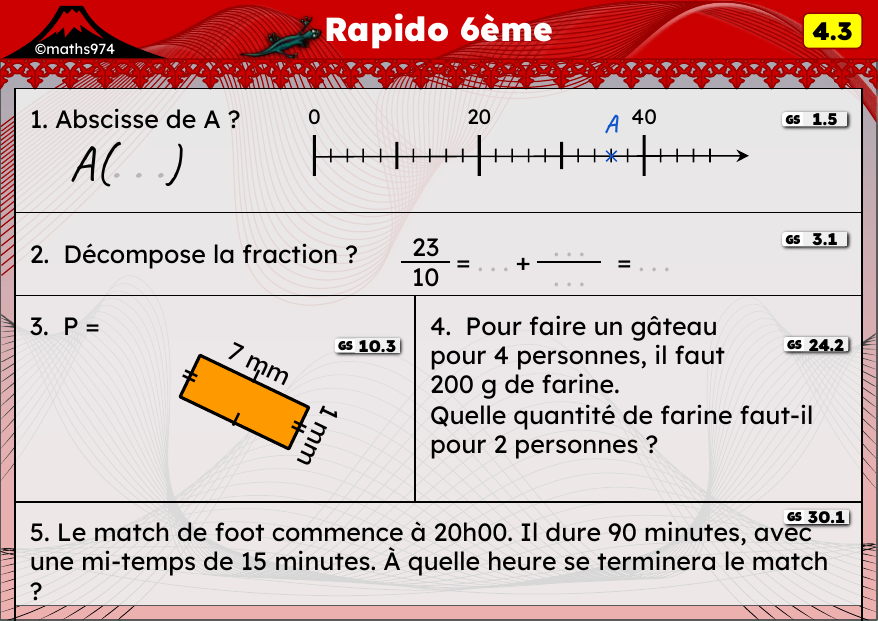 Rapido 4.3 – exercices de maths 6ème, semaine 4 : Abscisses, fractions et proportionnalité