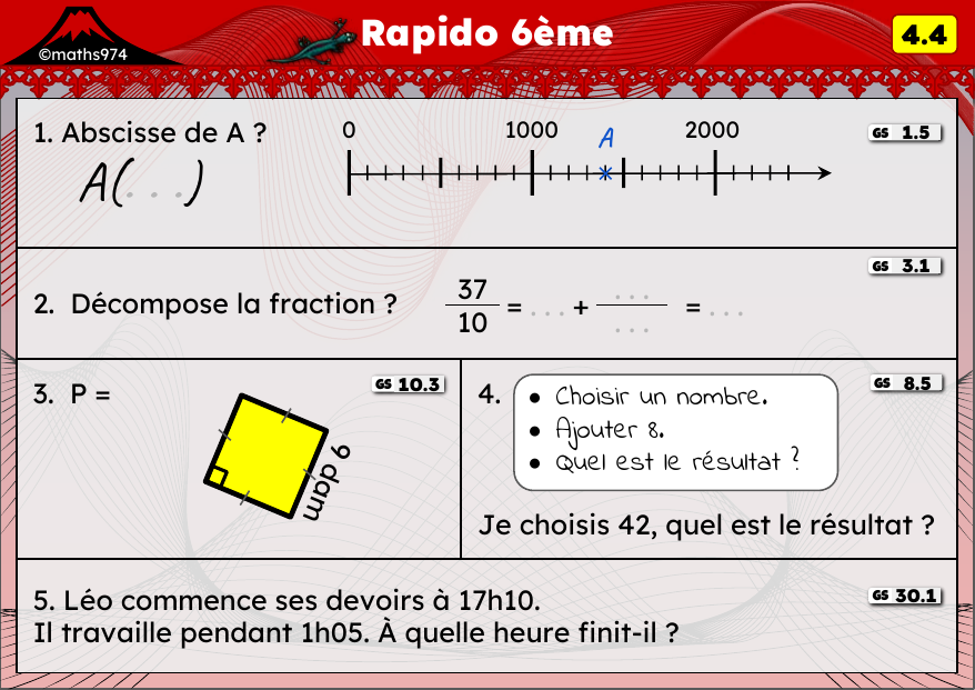 Rapido 4.4 – exercices de maths 6ème, semaine 4 : Abscisses, fractions et proportionnalité