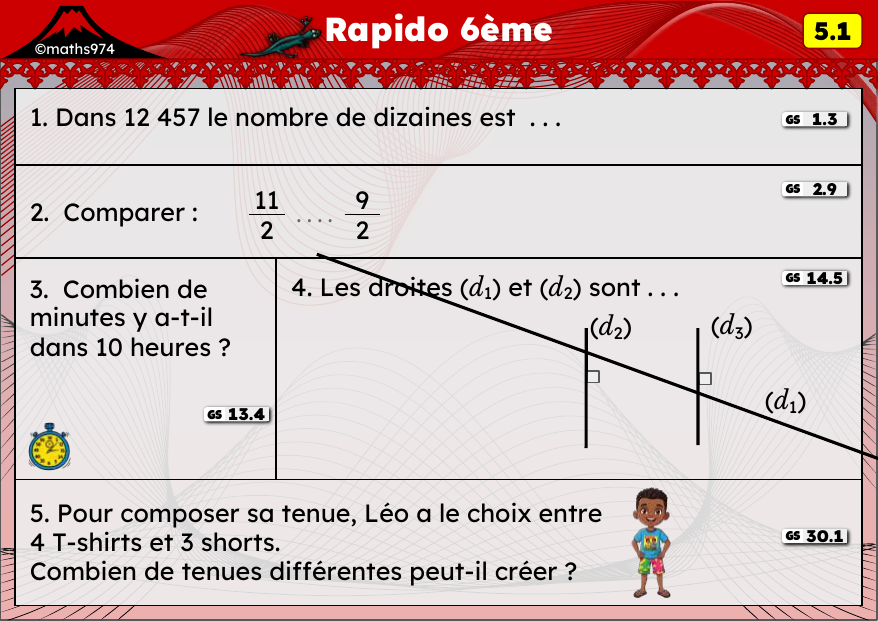 Rapido 5.1 – exercices de maths 6ème, semaine 5 : Dizaines, centaines, milliers ; droites et dénombrement